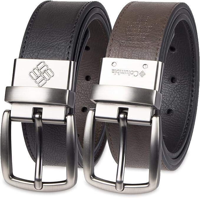COLUMBIA REVERSIBLE BELT-BLACK/BROWN LEATHER-SILVER BUCKLE-32"