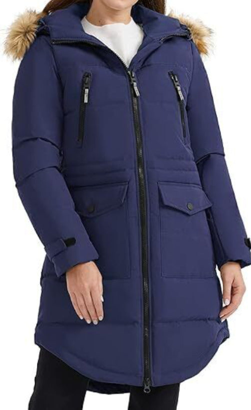 OROLAY FUR HOODED DOWN PARKA STYLE COAT-NAVY-SMALL