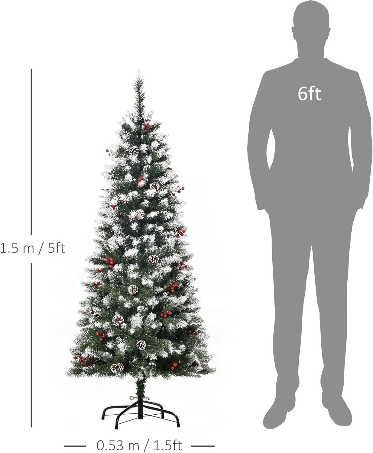 HOMCOM 5FT Artificial Christmas Tree Xmas Pencil Tree with Red Berries 150CM