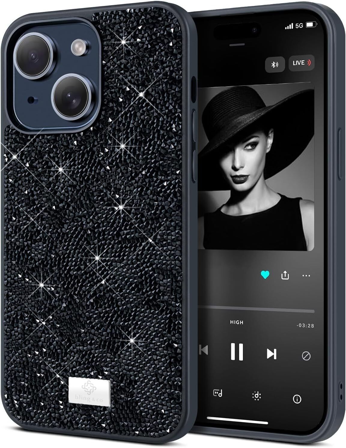 BEZ case for iphone 15 with bling and co jet black glitter