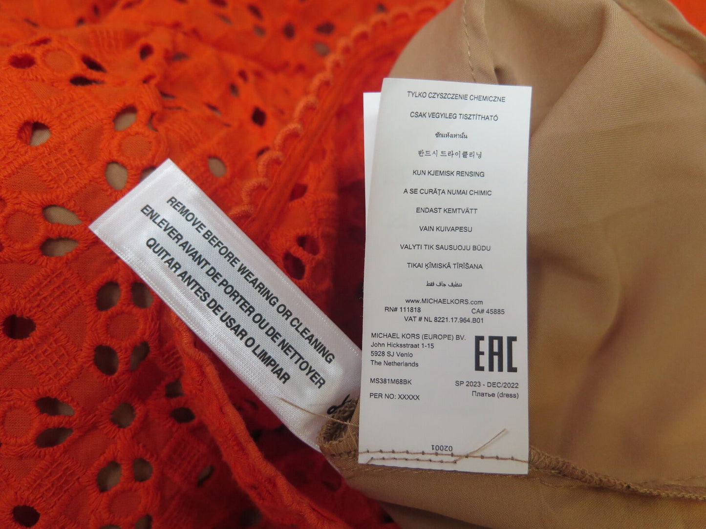 MICHAEL KORS -FLORAL EYELET CUT-OUT DRESS-ORANGE