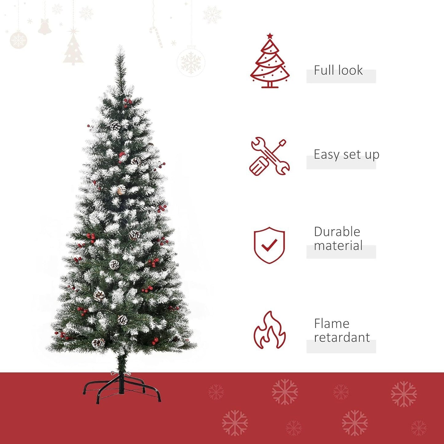 HOMCOM 5FT Artificial Christmas Tree Xmas Pencil Tree with Red Berries 150CM