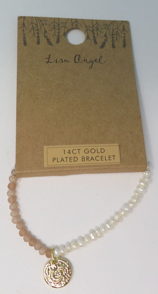LISA ANGEL TALISMAN MOON CHARM PINK AND PEARL BEADED BRACELET IN GOLD-14CT