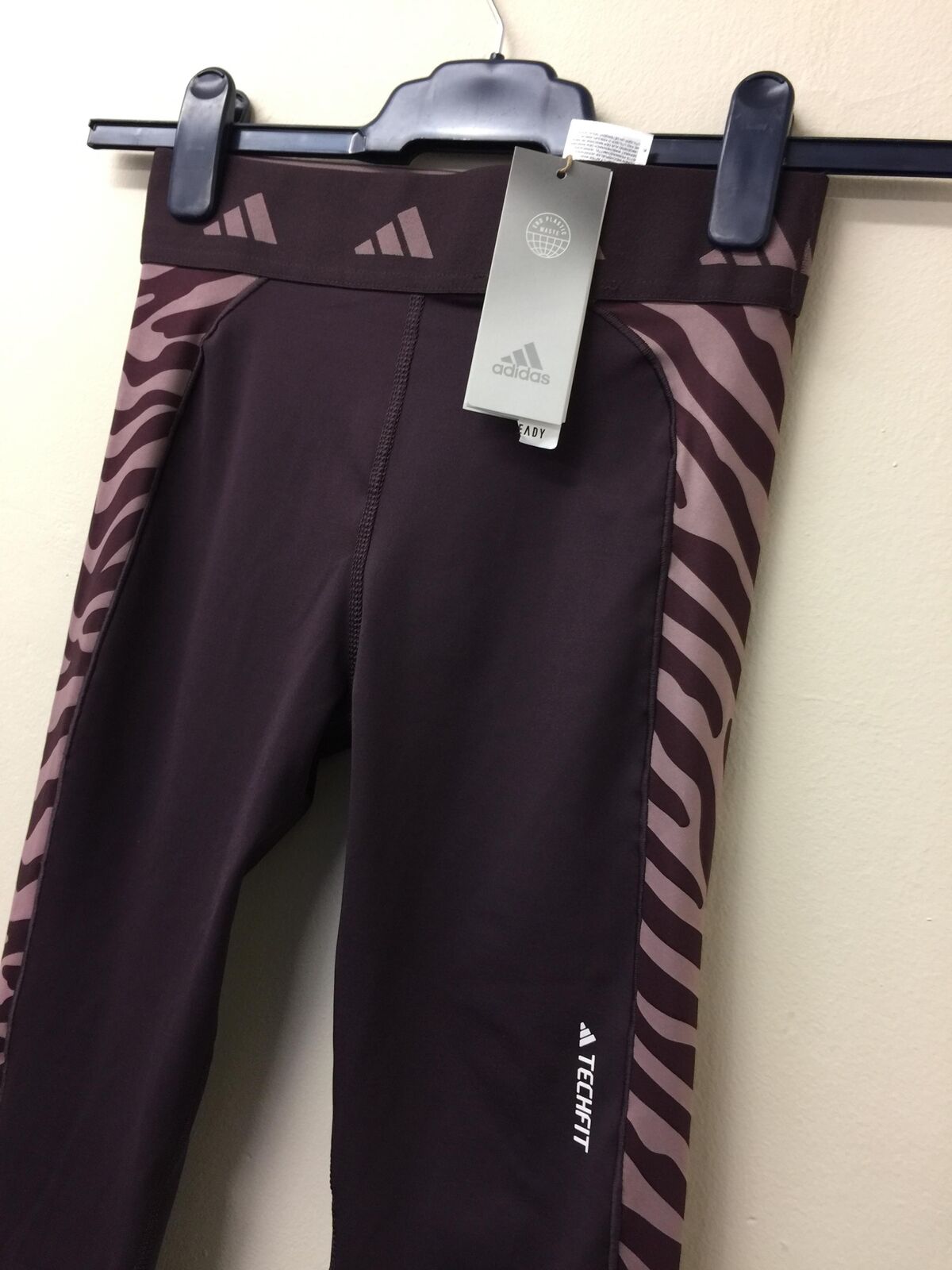 adidas Training Hyperglam panelled zebra print leggings in burgundy UK SMALL
