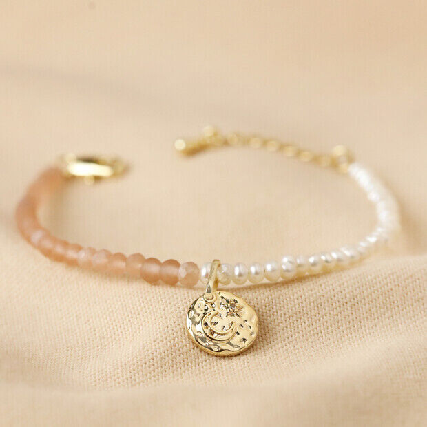 LISA ANGEL TALISMAN MOON CHARM PINK AND PEARL BEADED BRACELET IN GOLD-14CT