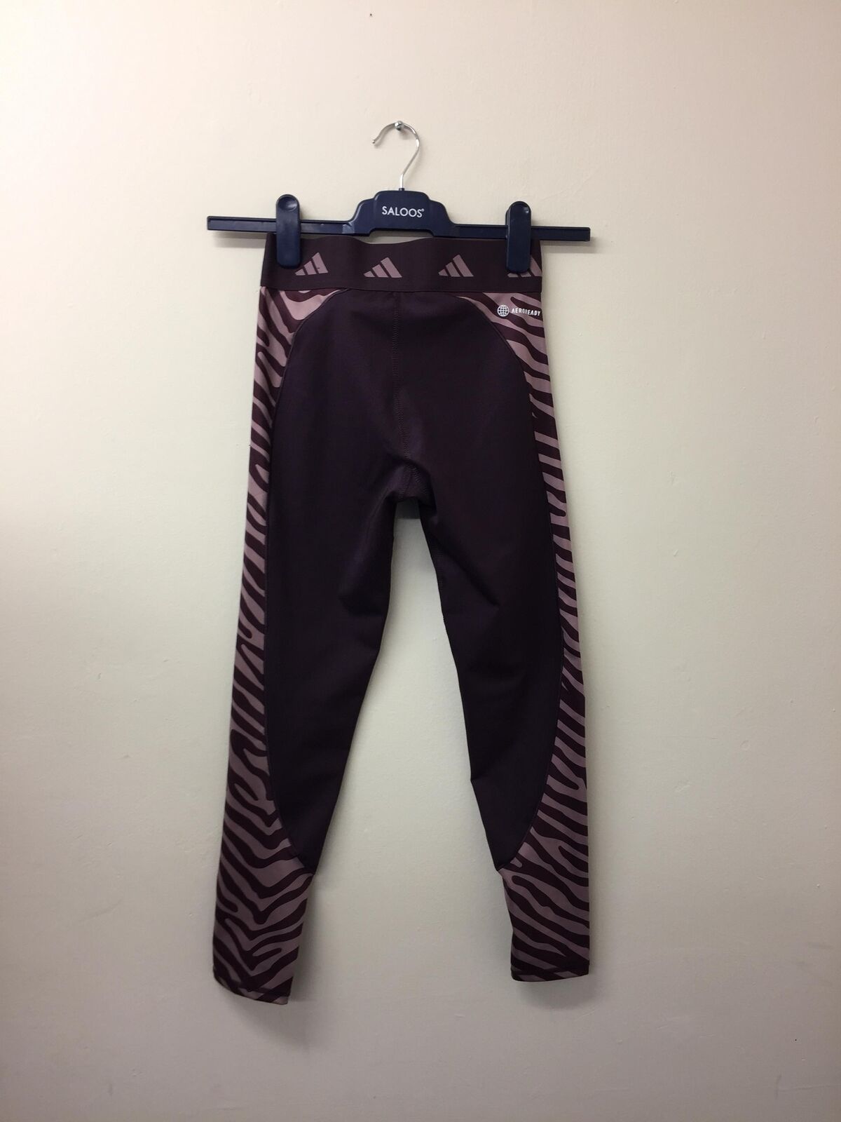 adidas Training Hyperglam panelled zebra print leggings in burgundy UK SMALL