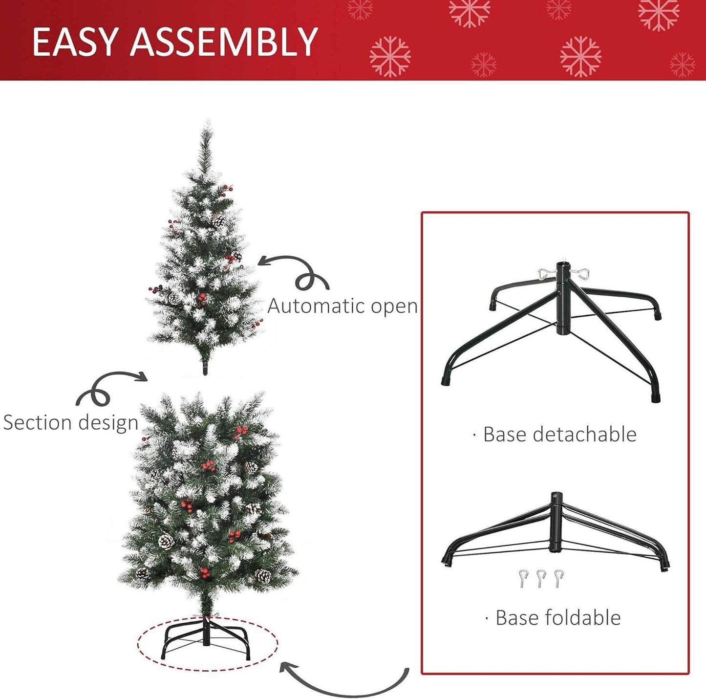 HOMCOM 5FT Artificial Christmas Tree Xmas Pencil Tree with Red Berries 150CM