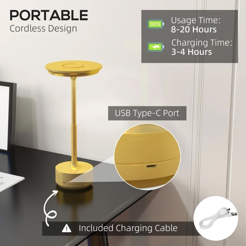 HOMCOM Cordless Touch Table Lamp With 4000mAh Rechargeable Battery - Gold