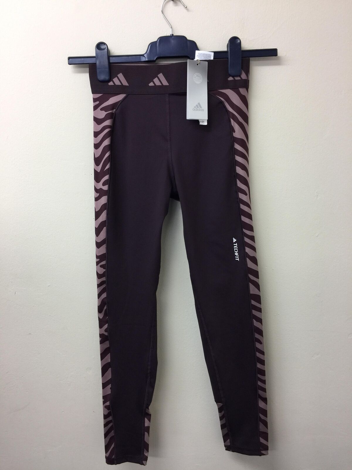 adidas Training Hyperglam panelled zebra print leggings in burgundy UK SMALL