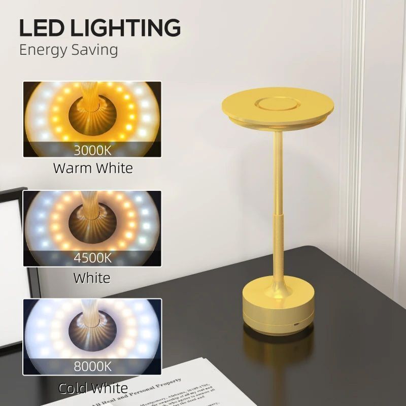 HOMCOM Cordless Touch Table Lamp With 4000mAh Rechargeable Battery - Gold