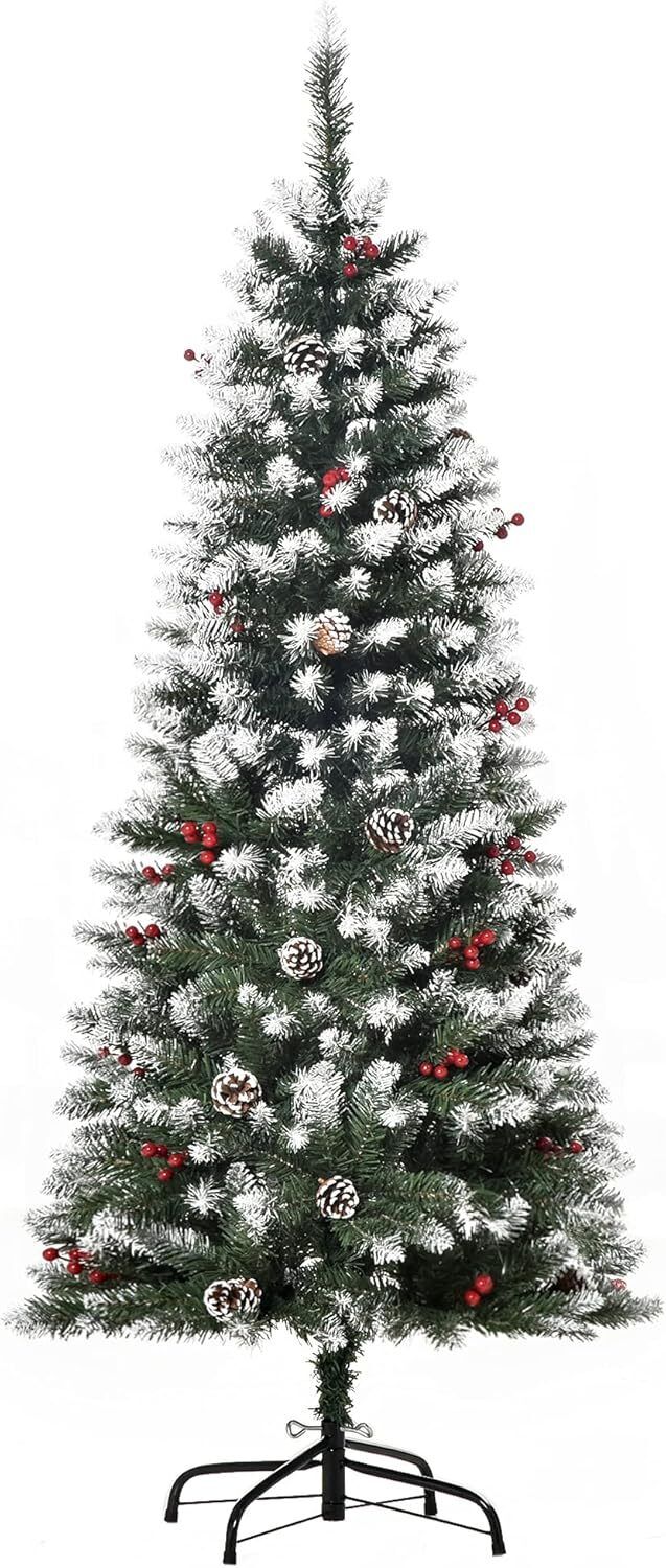 HOMCOM 5FT Artificial Christmas Tree Xmas Pencil Tree with Red Berries 150CM