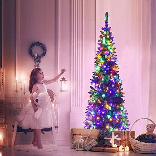 SHATCHI 8Ft/2.4m Pre-Lit Artificial Slim Christmas Green Pencil Tree