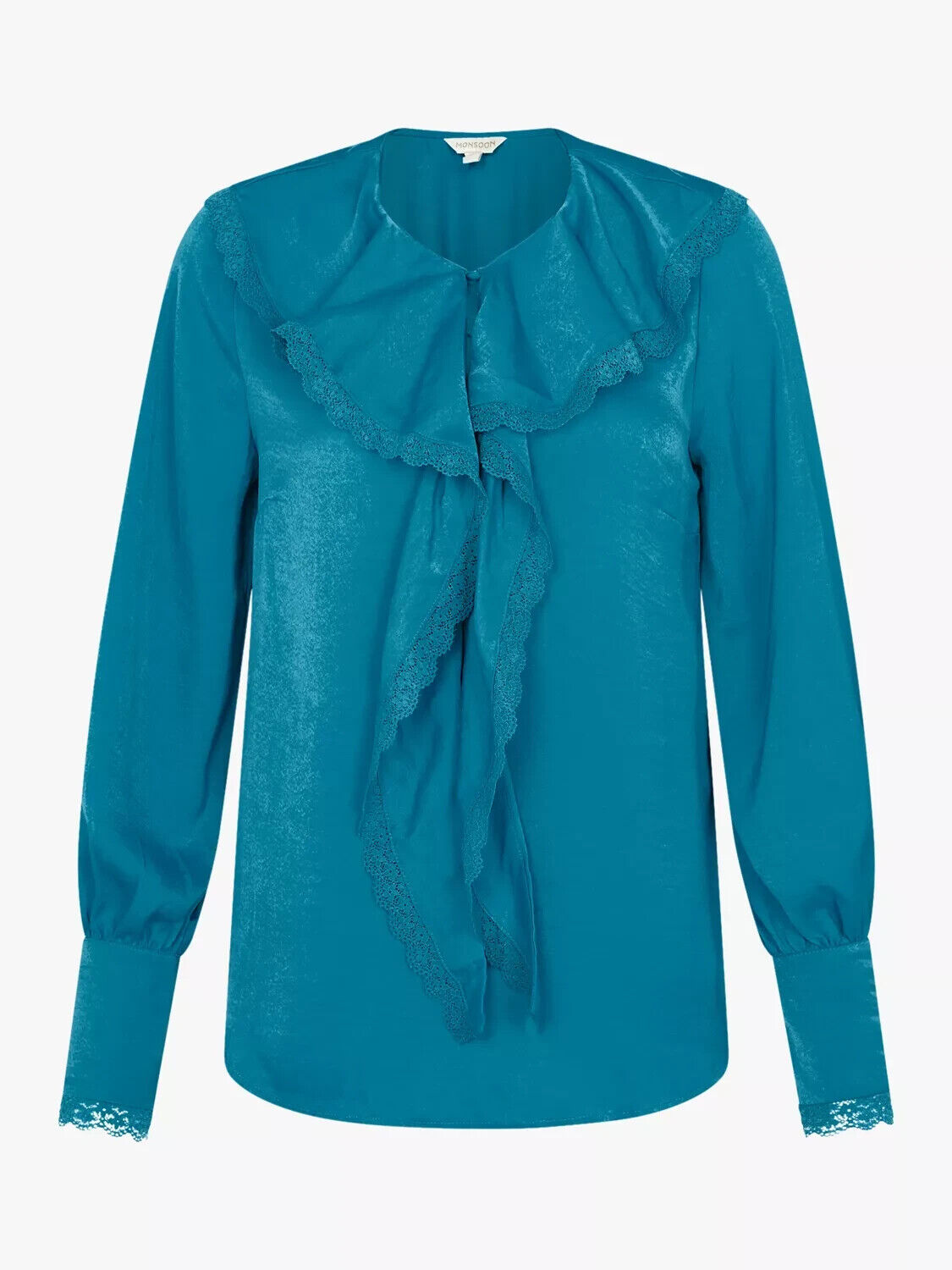 Monsoon Quinn ruffle satin long sleeve blouse Aqua M