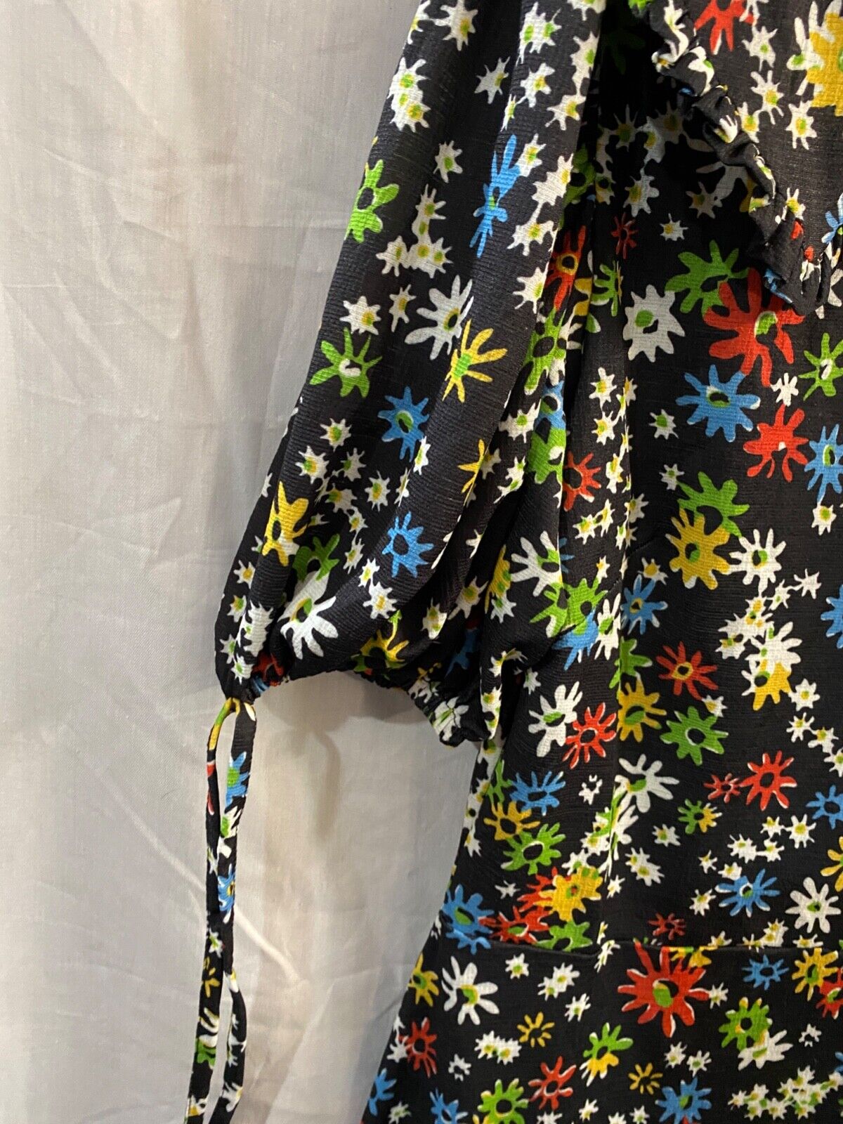 TOPSHOP Collared Tie Sleeve Mini Dress In Black Floral UK 10