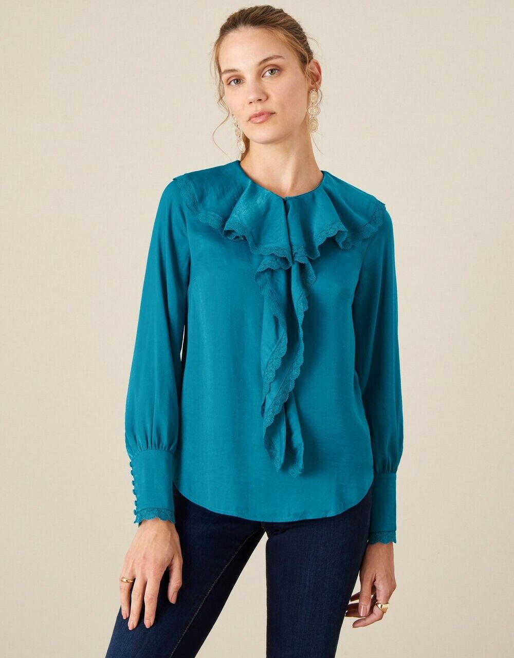 Monsoon Quinn ruffle satin long sleeve blouse Aqua M