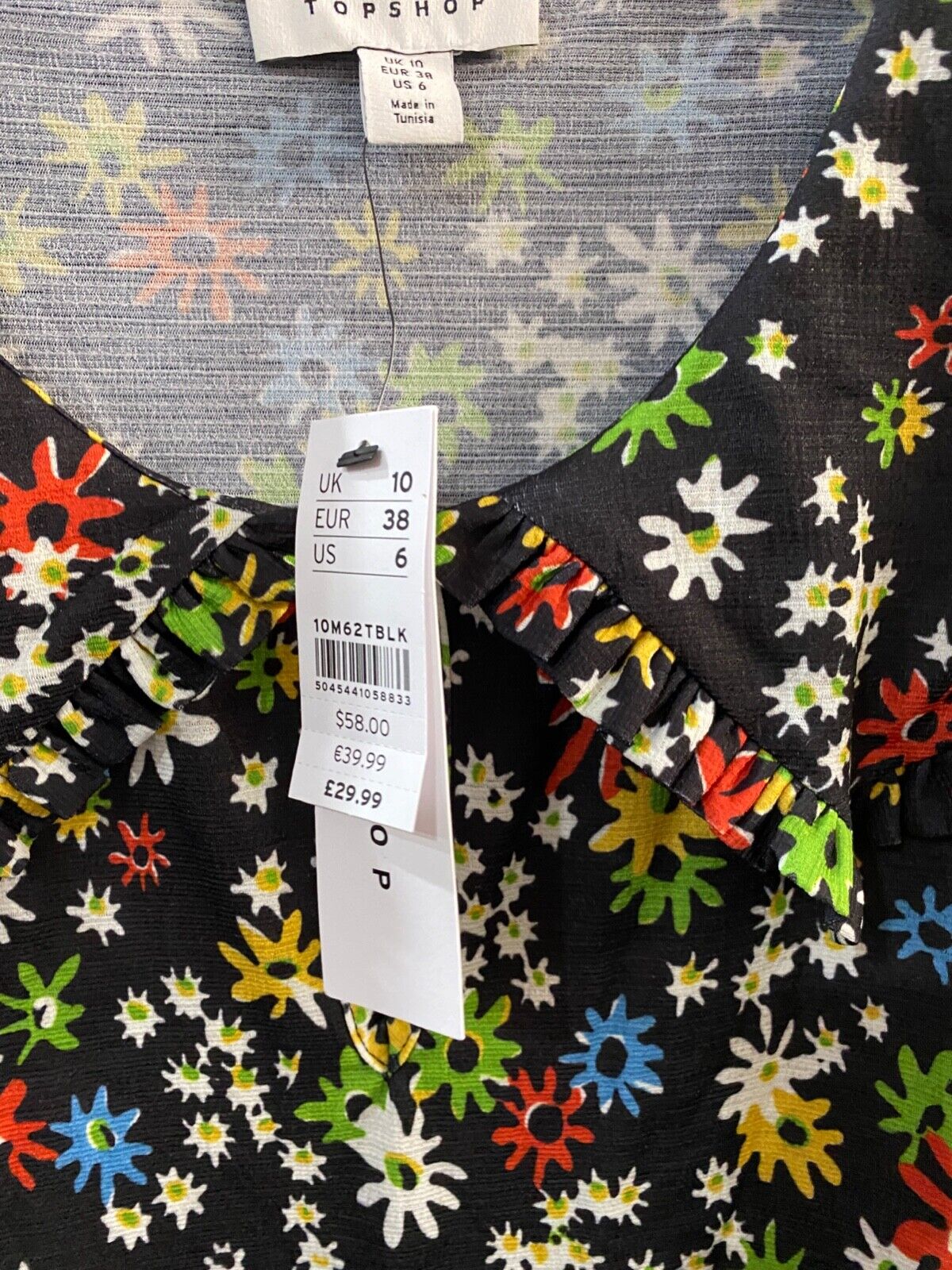 TOPSHOP Collared Tie Sleeve Mini Dress In Black Floral UK 10