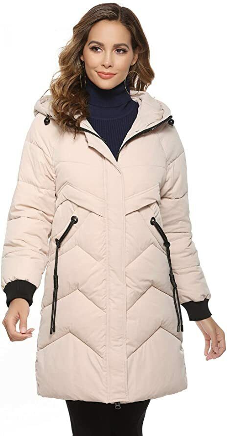 Aibrou Women's Winter Coats Ladies Zip Up Hooded Jackets Mid-Length 2XL BEIGE