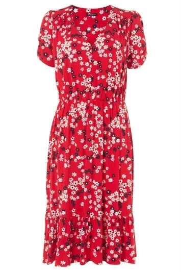 ROMAN Red Floral Print Tiered Midi Dress 14