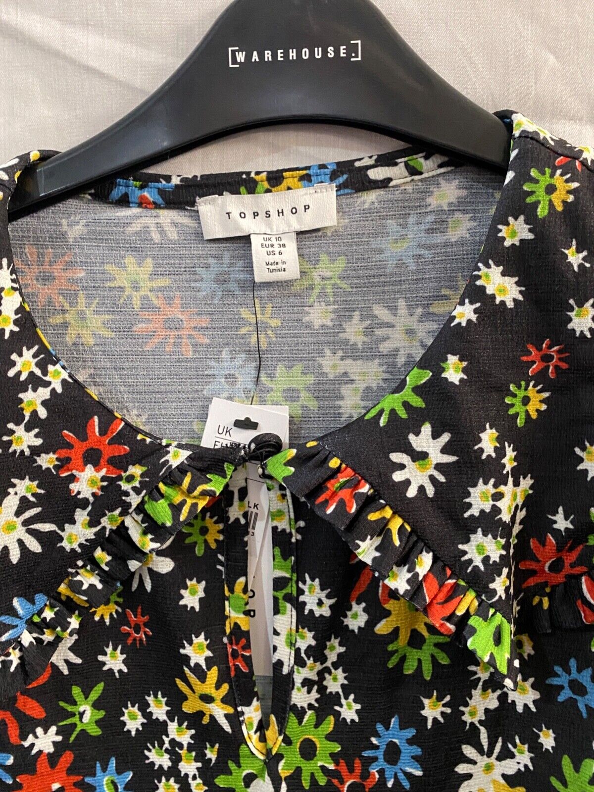 TOPSHOP Collared Tie Sleeve Mini Dress In Black Floral UK 10