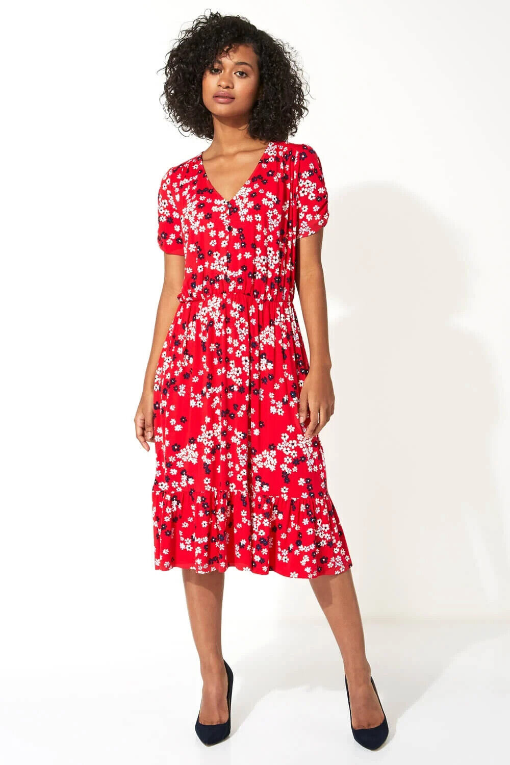 ROMAN Red Floral Print Tiered Midi Dress 14