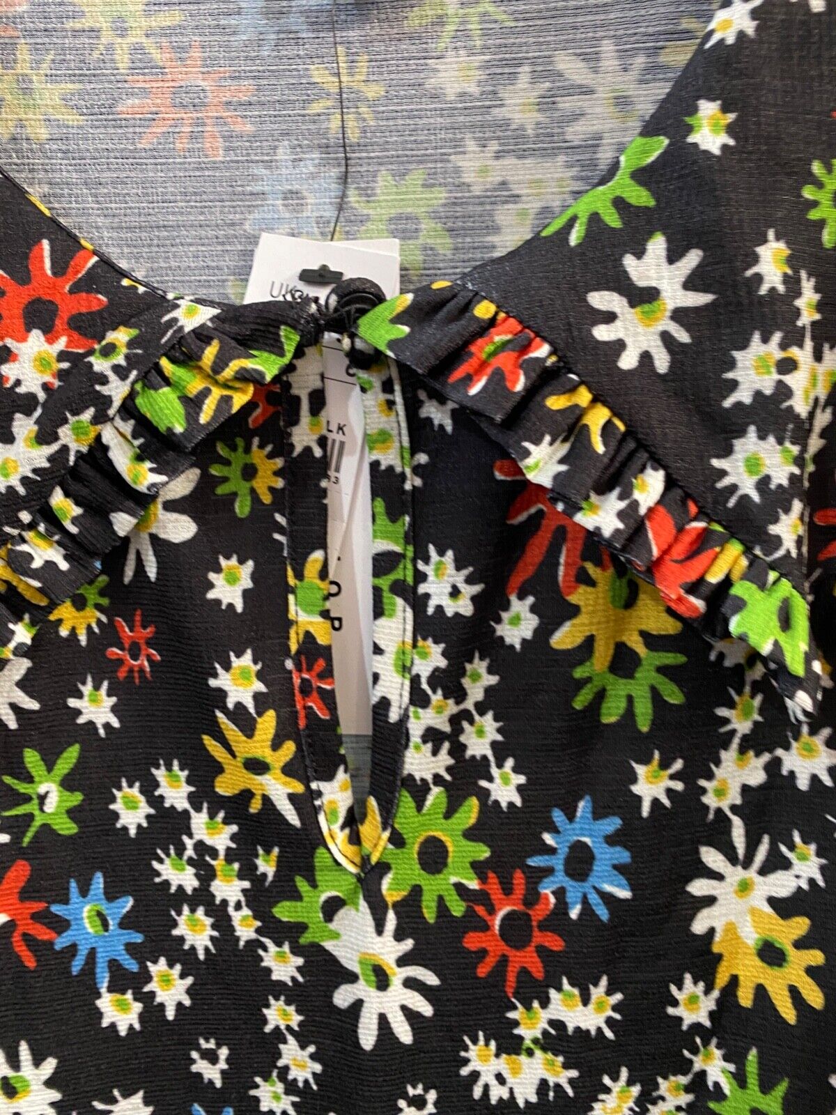 TOPSHOP Collared Tie Sleeve Mini Dress In Black Floral UK 10