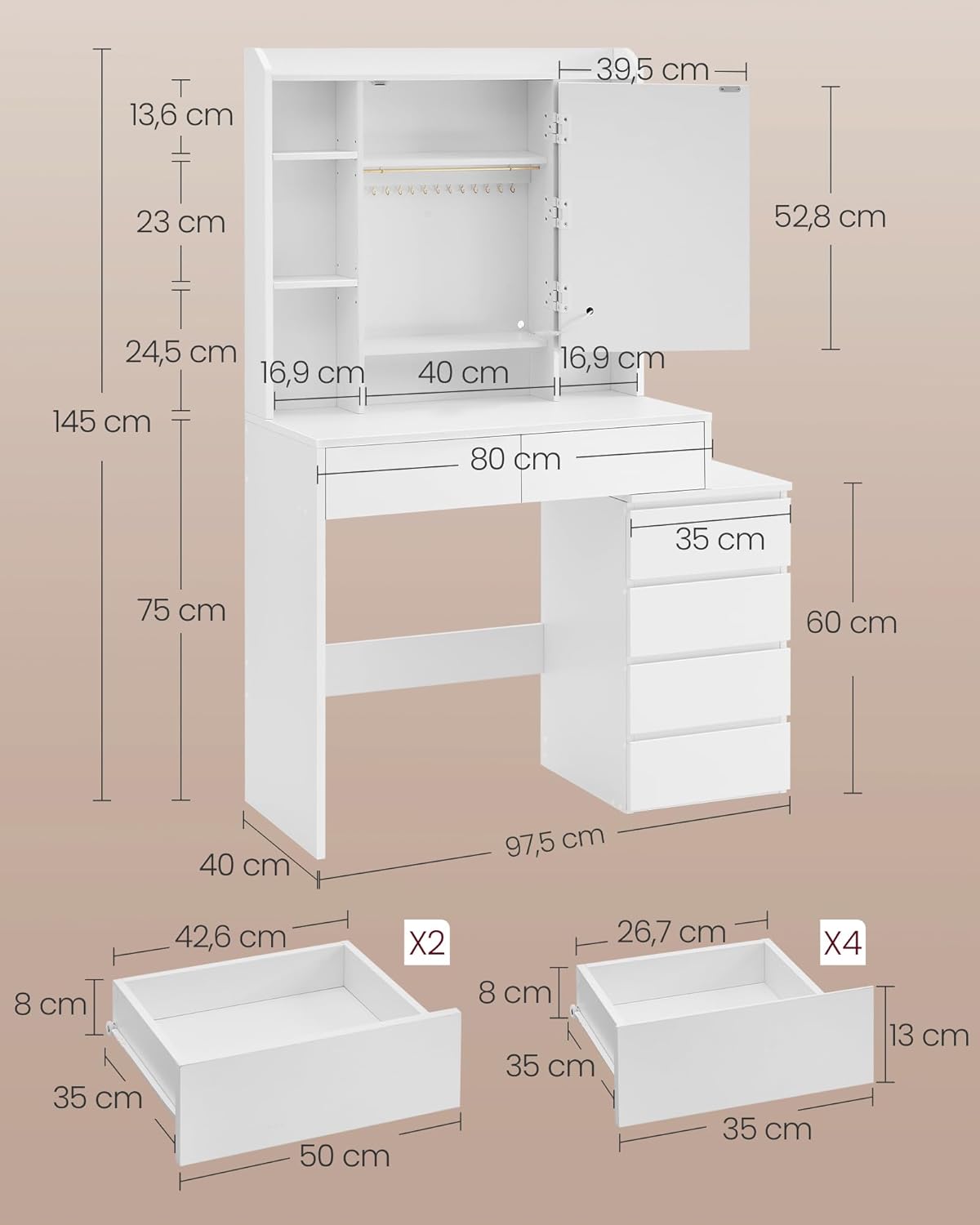 VASAGLE RDT124W01 LED Lighting Makeup Table-WHITE