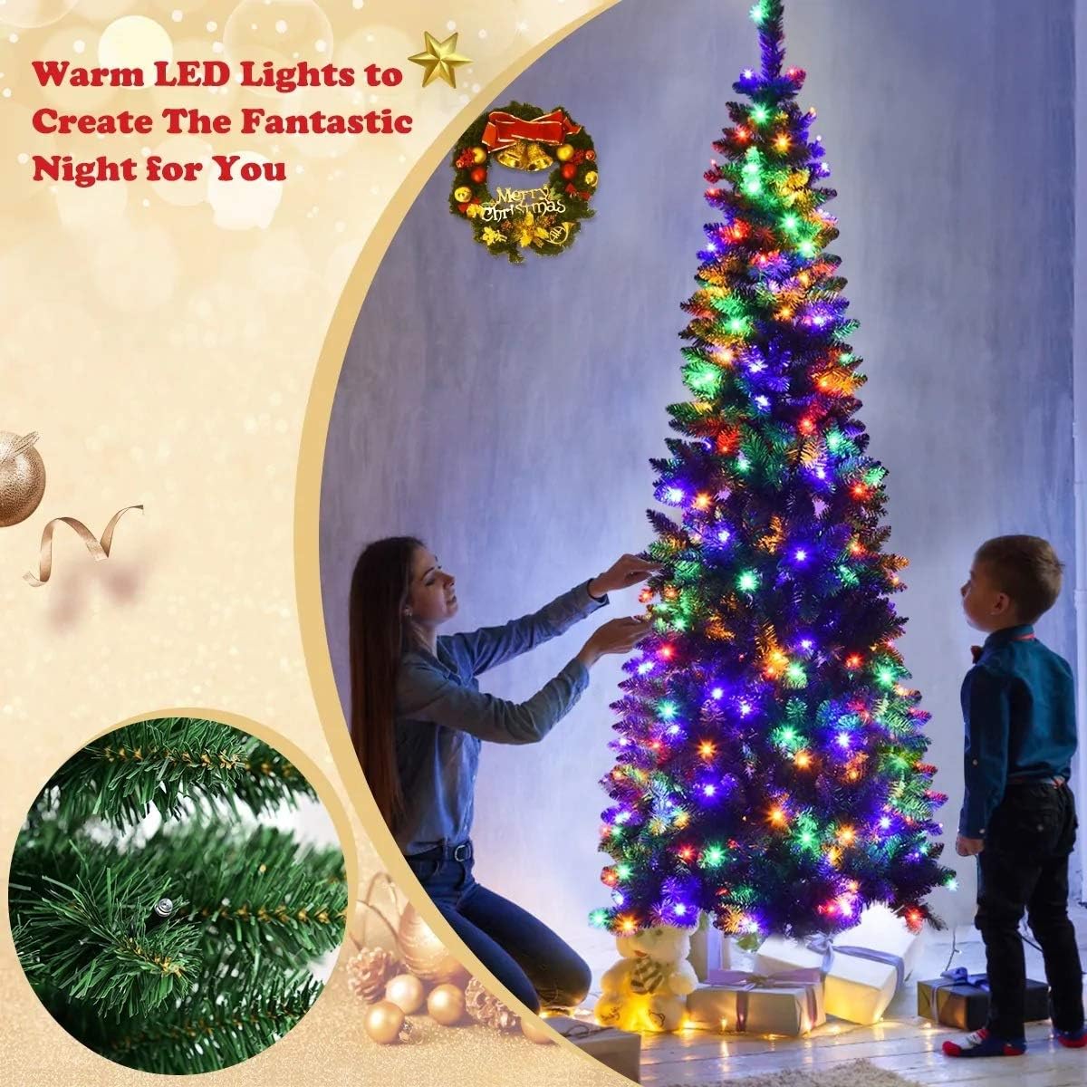 SHATCHI 8Ft/2.4m Pre-Lit Artificial Slim Christmas Green Pencil Tree