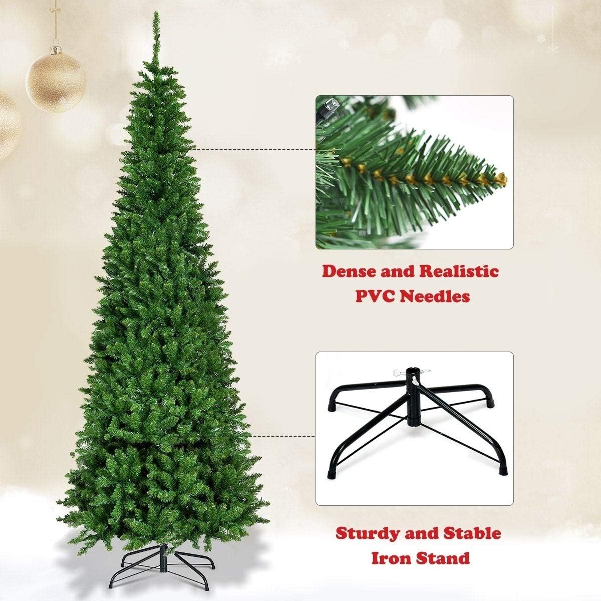 SHATCHI 8Ft/2.4m Pre-Lit Artificial Slim Christmas Green Pencil Tree