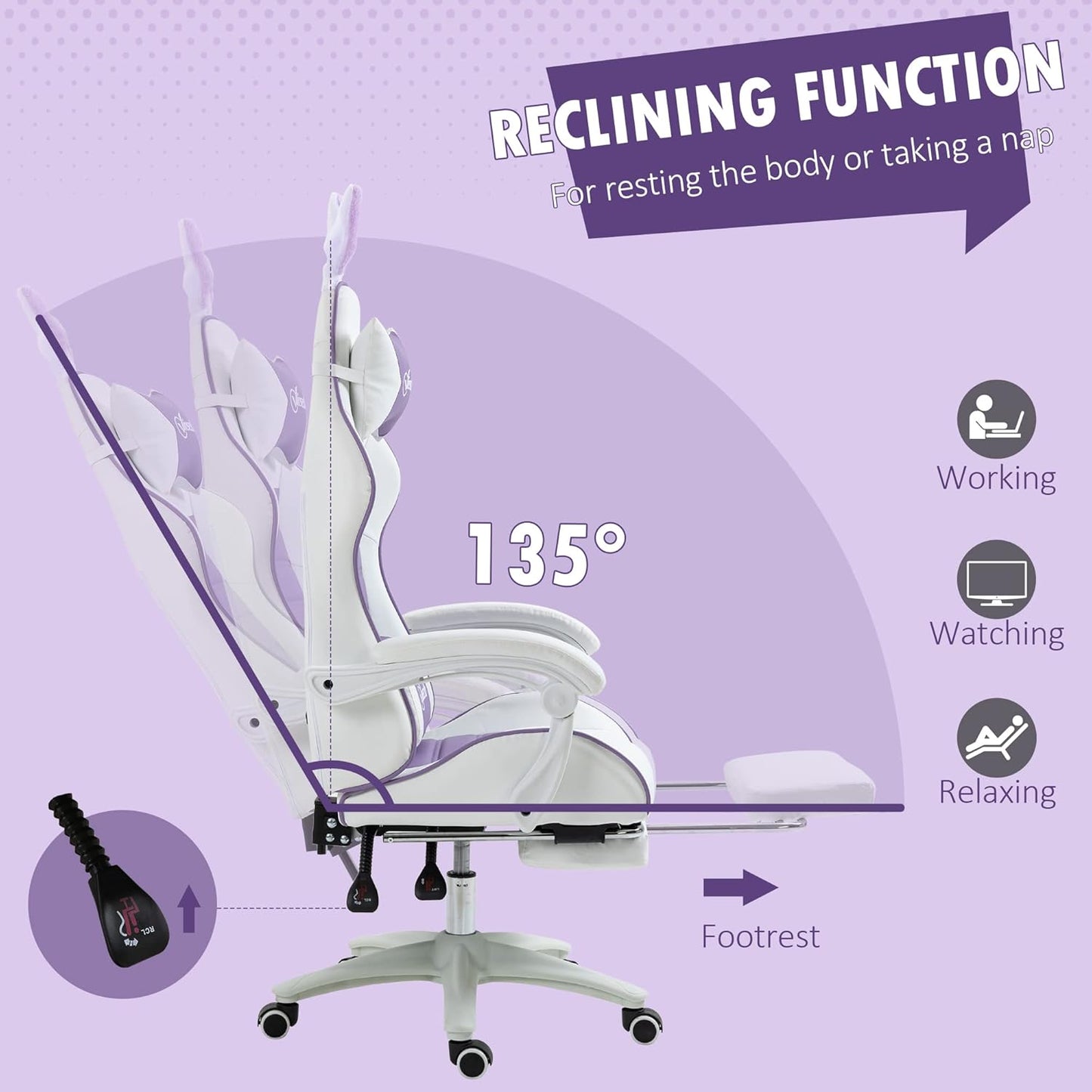 Vinsetto Reclining Racing Gaming Chair with Headrest and Lumber Support Purple