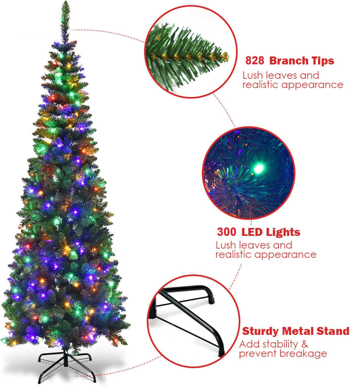 SHATCHI 8Ft/2.4m Pre-Lit Artificial Slim Christmas Green Pencil Tree