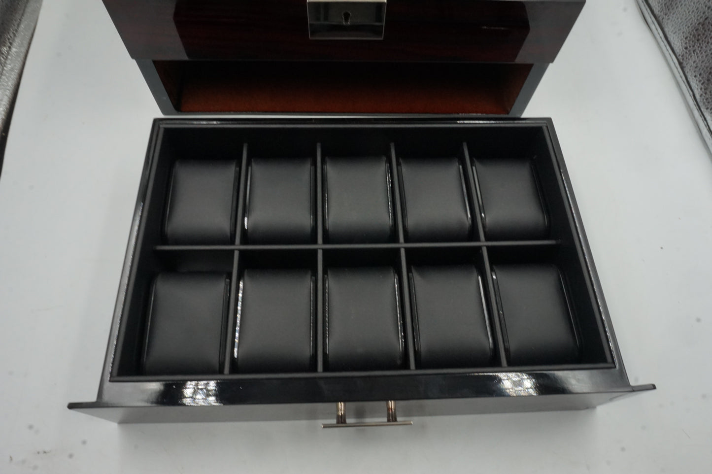 2 layer 20 slot watch case display with glass lid and slot