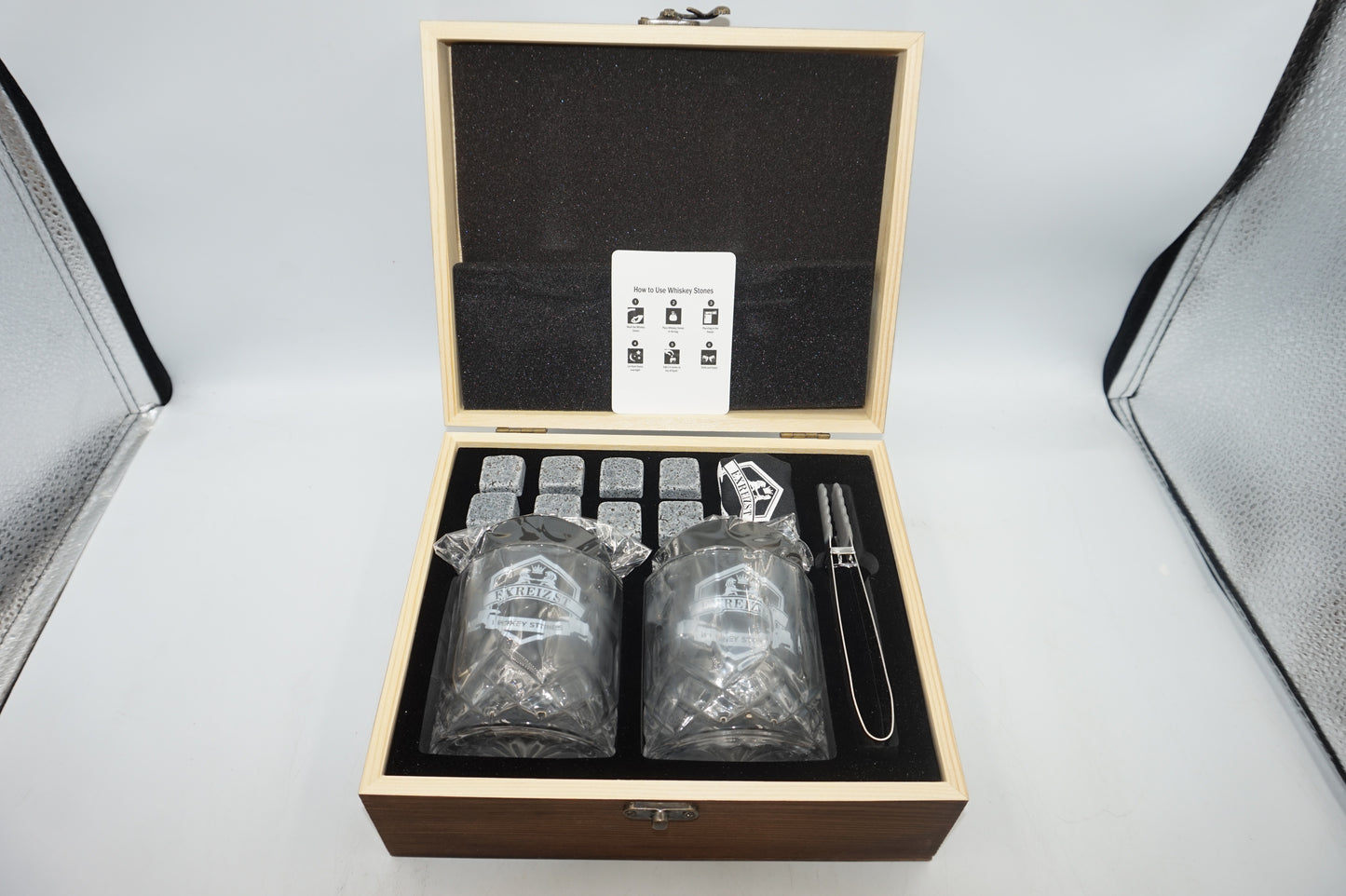 Exreizst wooden box pair of whiskey glasses drink with 8 stones set