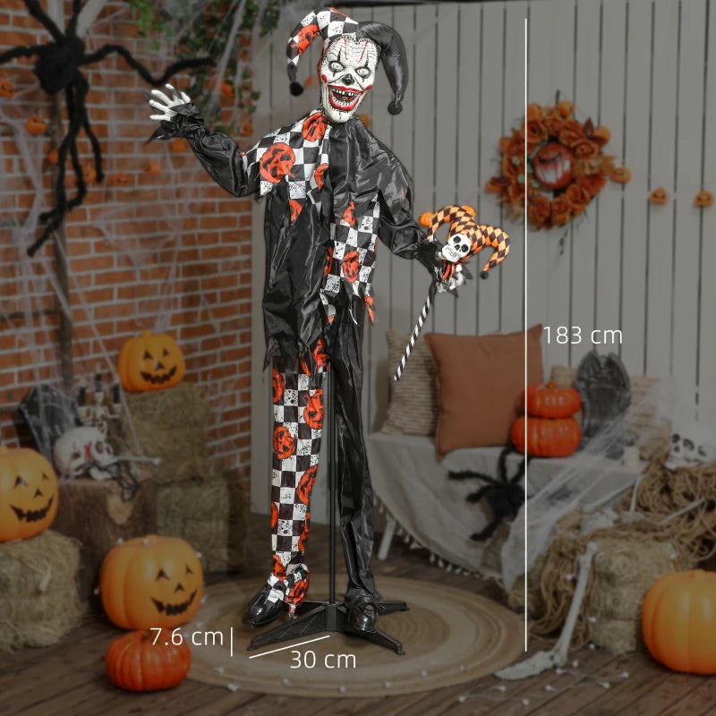 Outsunny 183 cm Life Size Halloween Animated Clown & Skull Staff with Red Light Up Eyes