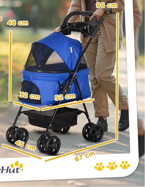 PawHut Dog Pram Dog Stroller Foldable Pet Pushchair with 4 Wheels-BLUE-D00-127BU