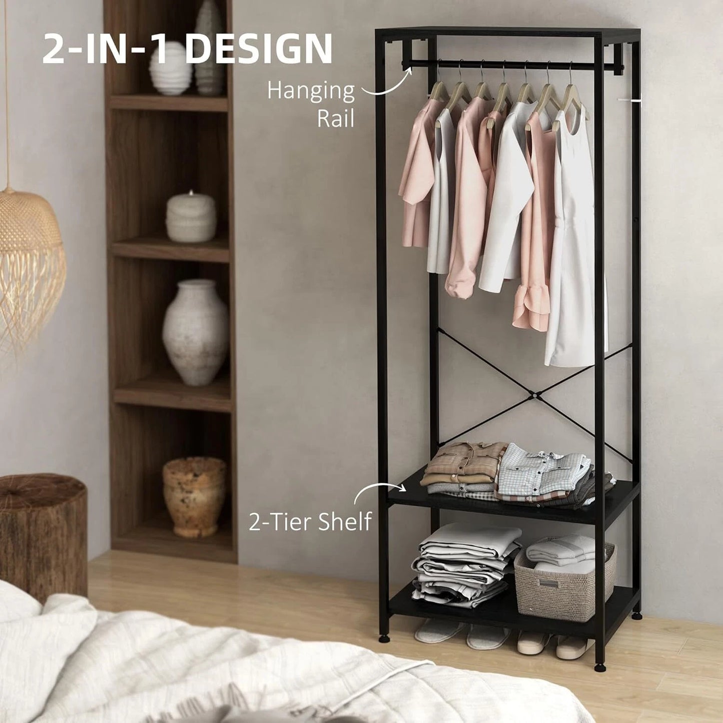 HOMCOM Coat Rack, 2-in-1 Clothes Stand with Shoe Storage