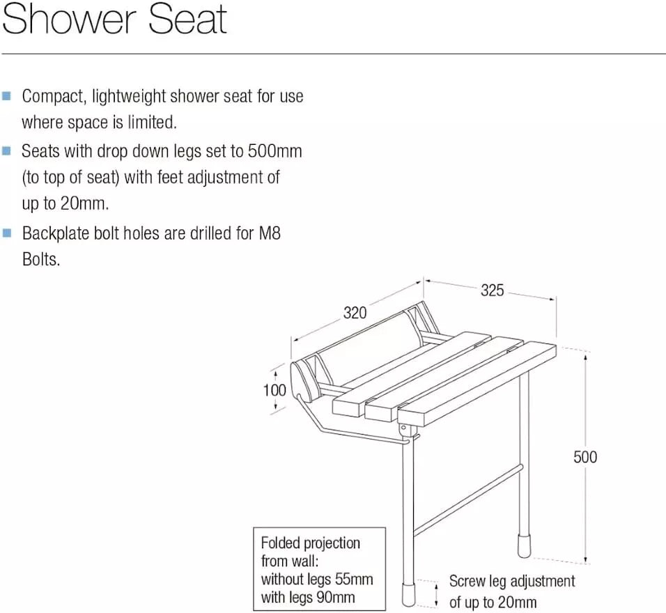 Folding Shower Bench Wall Mounted Flip-up Bath Seat Bathroom Chair With Legs