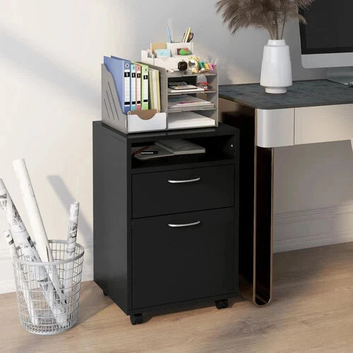HOMCOM 60cm Filing Cabinet with Drawers and Open Shelf, Black