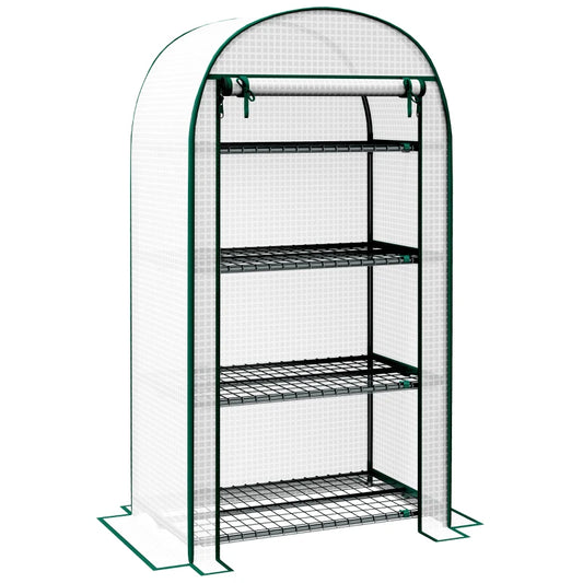 Outsunny 4 Tier Mini Greenhouse for Outdoor, Portable Gardening Plant Green House with Storage Shelf, Roll-Up Zipped Door, Metal Frame and PE Cover, 80 x 49 x 160cm
