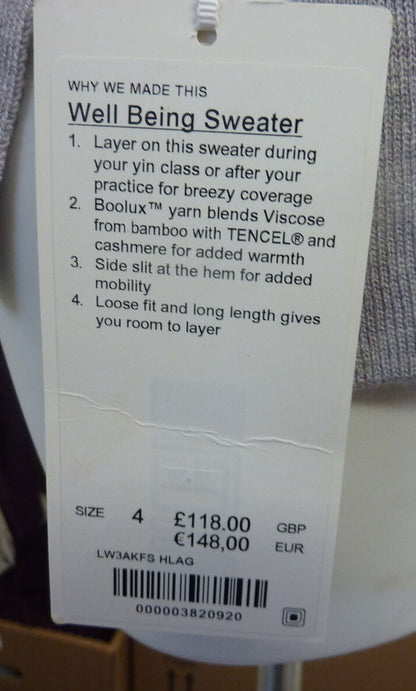 LULULEMON WELL BEING SWEATER-HEATHER GREY-UK4