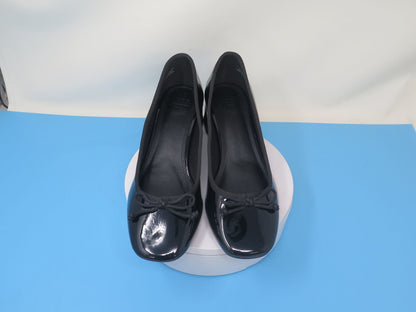 ASOS DESIGN STEFFIE BOW DETAIL MID BLOCK HEELED SHOES-BLACK PATENT-UK7