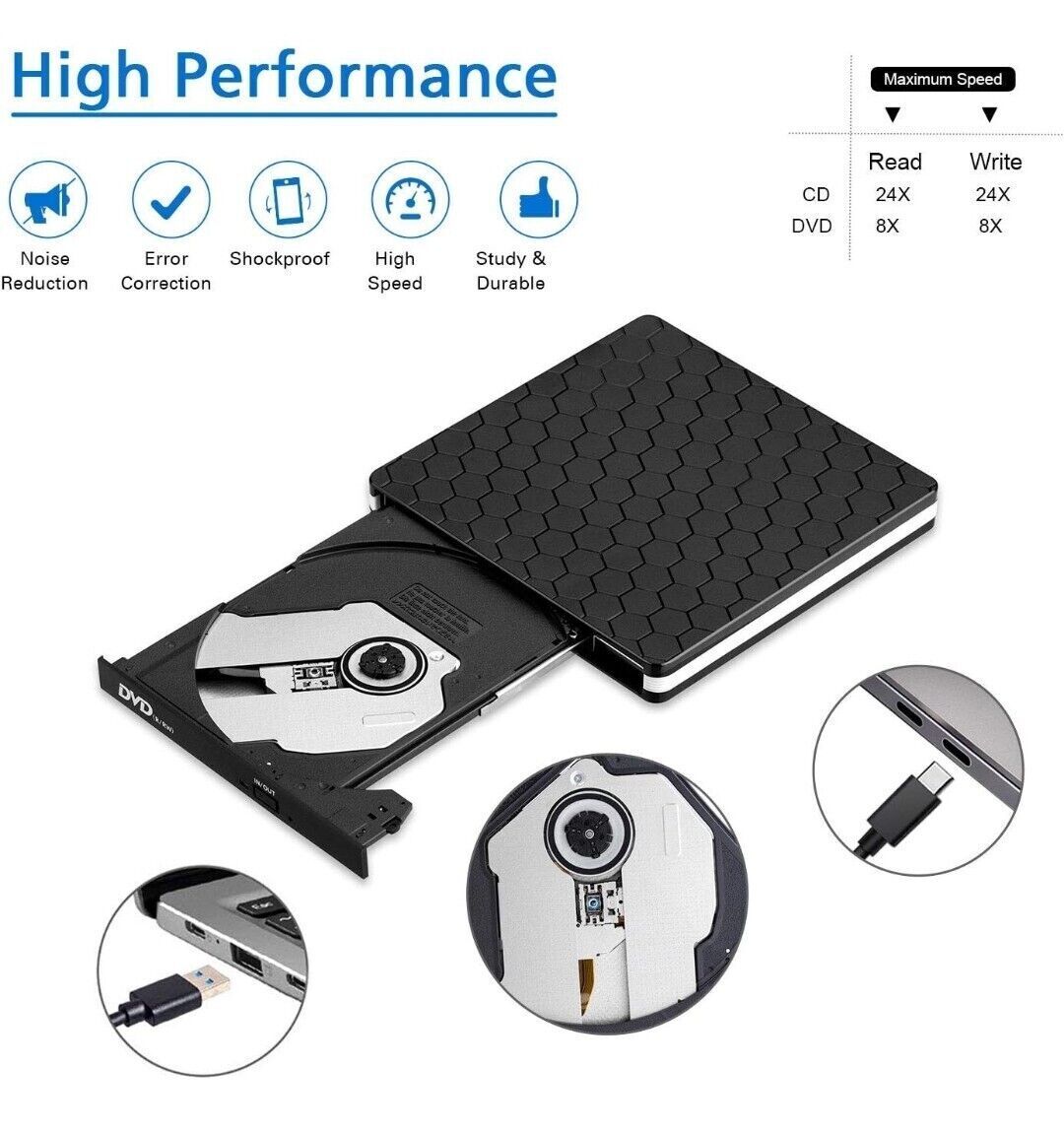 Cocopa External CD DVD Drive, Type-C USB 3.0 Slim Portable CD Reader CD/DVD-RW B