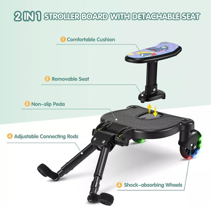 Universal Buggy Board Patterned Seat Kiddy Board with LED Flashing Wheels