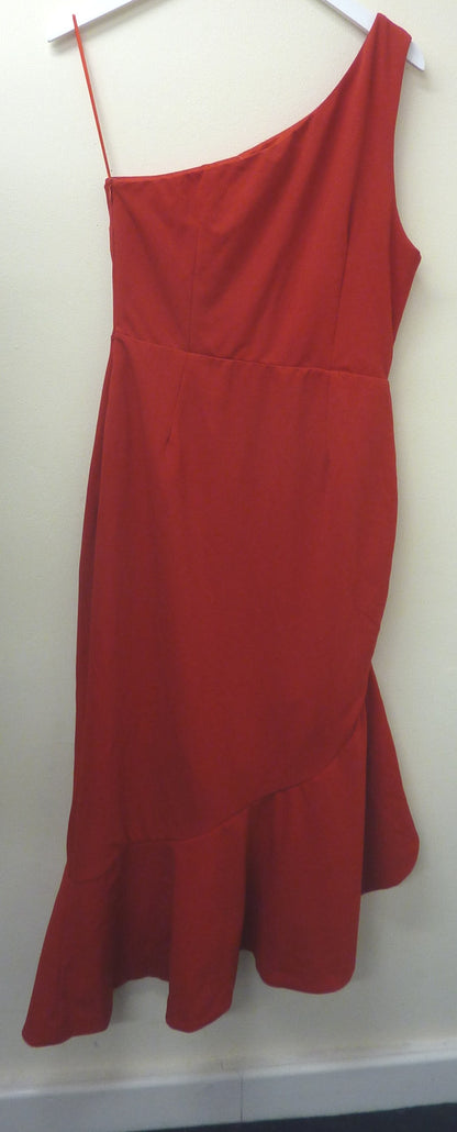 TRUE VIOLET ONE SHOULDER RUFFLE MIDI DRESS-RED-UK14