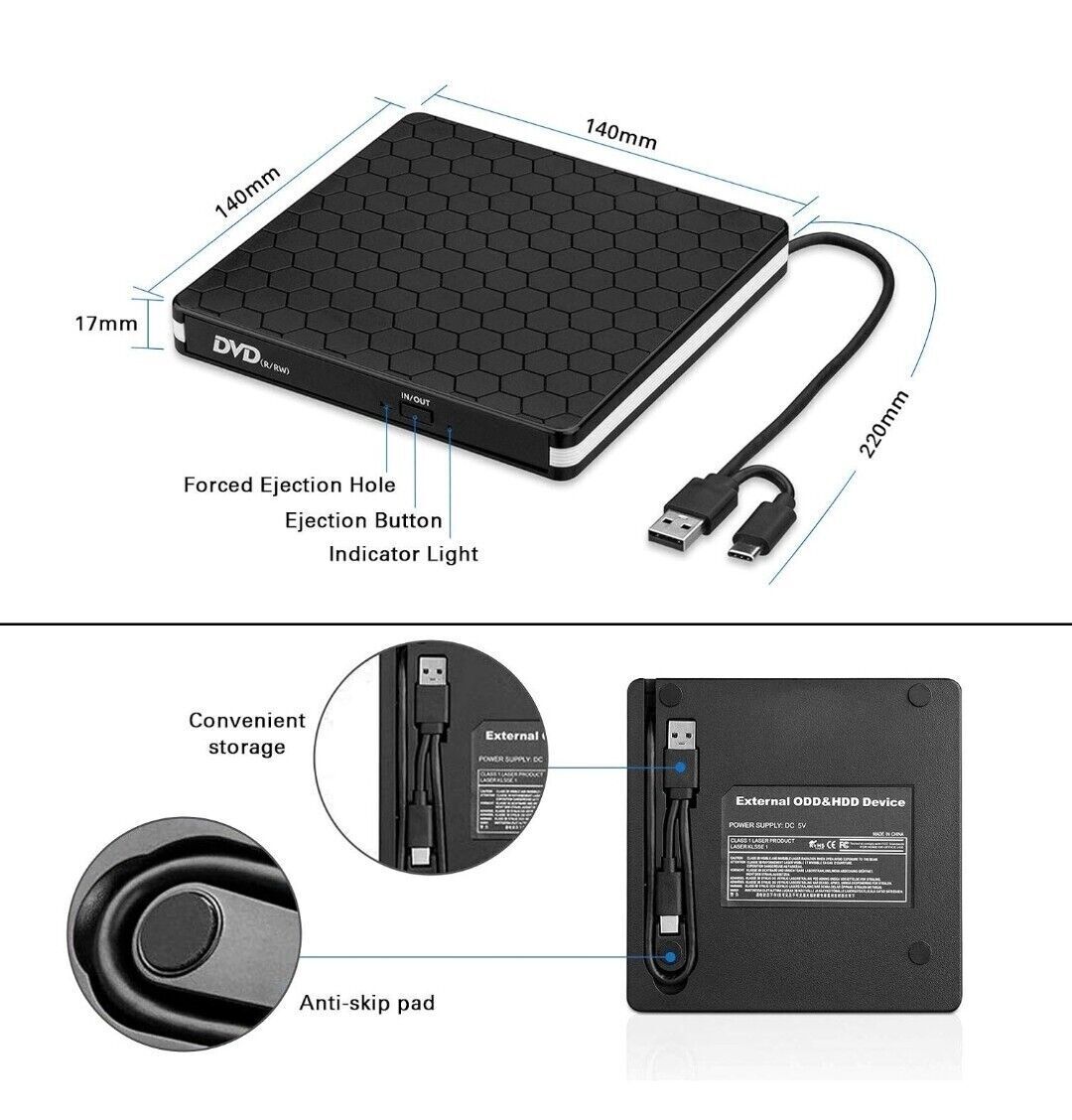 Cocopa External CD DVD Drive, Type-C USB 3.0 Slim Portable CD Reader CD/DVD-RW B