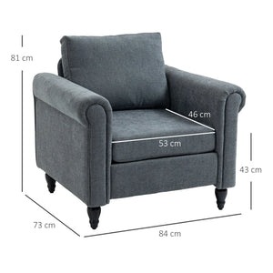 HOMCOM Vintage Accent Chair, Upholstered Occasional Chair with Back Pillow, Rolled Arms, Rubber Wood Legs, Grey