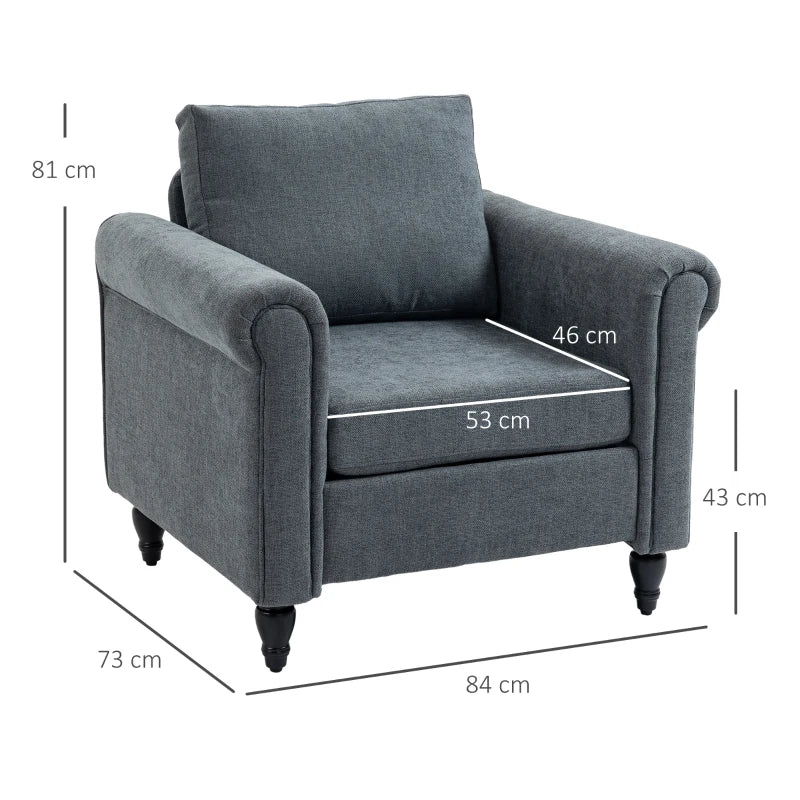 HOMCOM Vintage Accent Chair, Upholstered Occasional Chair with Back Pillow, Rolled Arms, Rubber Wood Legs, Grey