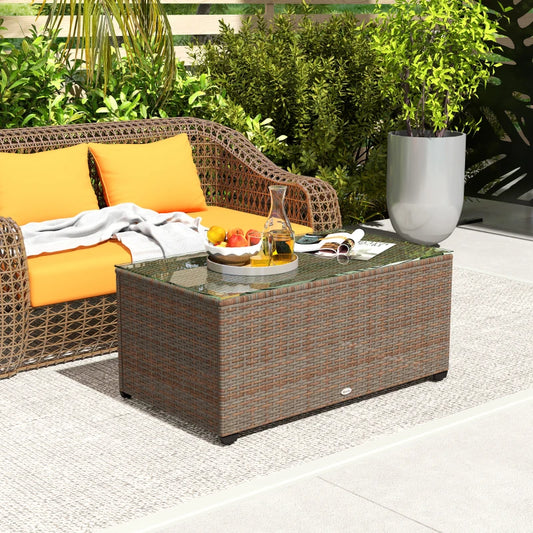 Outsunny 90 x 50cm Glass-Top Rattan Side Table - Brown 867-229V00BN