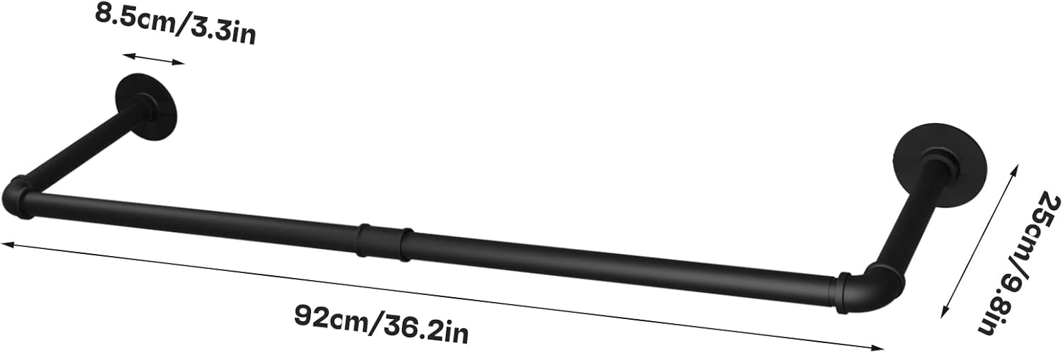 unho Industrial Pipe Metal Clothes Rail: Set of 2 Wall Mounted, Black, 92 x 25 x 8.5 cm