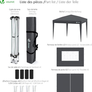 VOUNOT 3m x 3m Pop Up Gazebo with Sides & 4 Weight Bags & Carry Bag