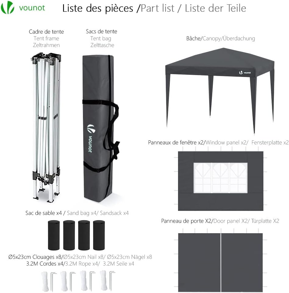 VOUNOT 3m x 3m Pop Up Gazebo with Sides & 4 Weight Bags & Carry Bag